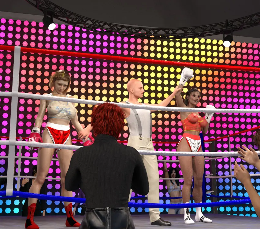 Image female,1boy,black_hair,male,multiple_girls,red_hair,blonde_hair,original,3d,see-through,3girls,see-through_clothing,bald,boxing_gloves,see-through_top,bald_male,cb1964