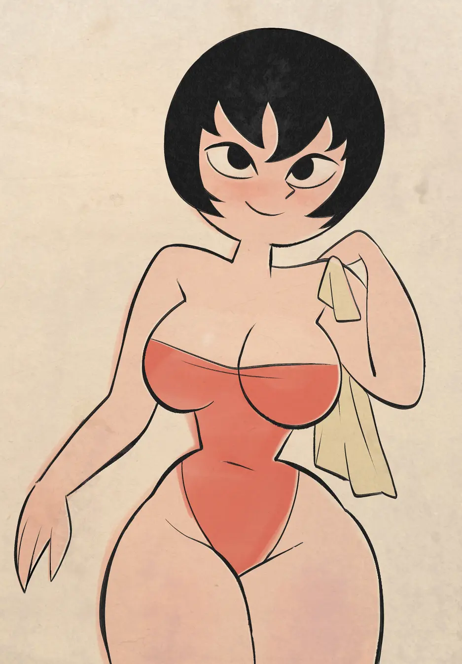Image 1girls,big_breasts,breasts,clothed,clothing,cowboy_shot,female,human,large_breasts,light-skinned_female,light_skin,looking_at_viewer,simple_background,smile,solo,standing,bangs,black_hair,navel,thick_thighs,thighs,voluptuous,wide_hips,smiling,smiling_at_viewer,belly_button,cleavage,clothed_female,clothes,hair,one-piece_swimsuit,swimsuit,busty,curvy,medium_hair,hourglass_figure,black_eyes,stomach,curvaceous,2024,legs_together,towel,front_view,swimwear,bob_cut,newguy1091,towel_on_shoulder,navel_visible_through_clothes,jucika,belly_button_visible_through_clothing,red_swimsuit