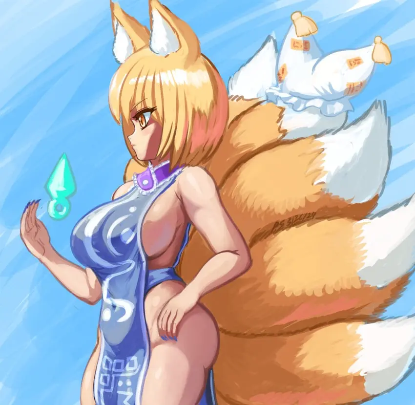 Image 1girls,big_breasts,breasts,female,solo,standing,touhou,short_hair,yellow_eyes,big_ass,hat,thighs,wide_hips,hips,bare_shoulders,sideboob,2d,blonde_hair,nail_polish,fox_ears,fox_girl,fox_tail,partially_clothed,2024,blue_nails,fox,sharp_nails,mostly_nude,fox_humanoid,mostly_nude_female,partially_clothed_female,hat_removed,kitsune,sideass,ran_yakumo,blue_nail_polish,source,tabard,fox_tails,kitsune_girl,profitshame,tabard_only