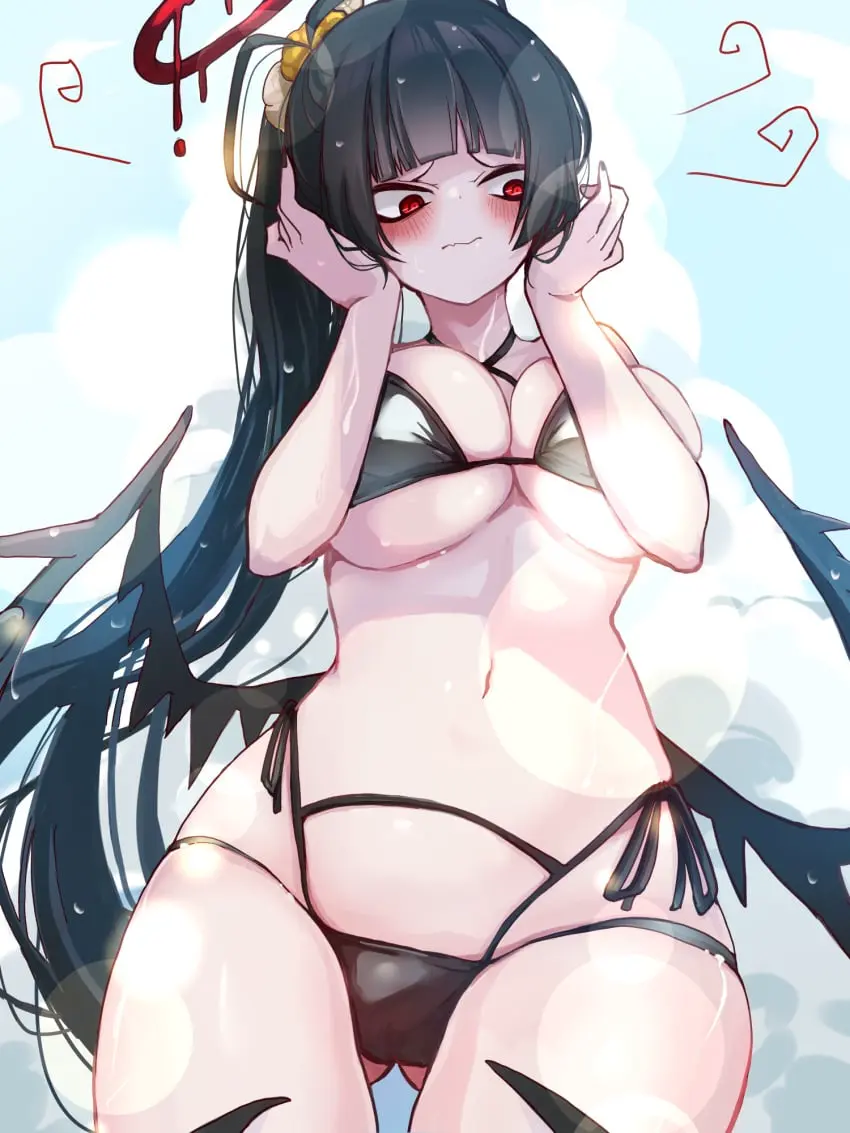 Image blush,breasts,female,highres,large_breasts,long_hair,red_eyes,solo,very_long_hair,black_hair,navel,blue_archive,bikini,ponytail,embarrassed,wings,swimsuit,halo,black_wings,wavy_mouth,official_alternate_costume,stomach,black_bikini,antenna_hair,tsurugi_(blue_archive),tsurugi_(swimsuit)_(blue_archive),justice_task_force_(blue_archive),red_halo,trinity_general_school_student,bags_under_eyes,gluteal_fold,frustrated,side-tie_bikini_bottom,komena_(shinyday312),melting_halo