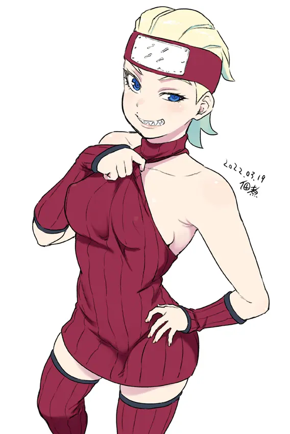Image smile,blue_eyes,blonde_hair,sharp_teeth,red_dress,naruto,naruto_(series),boruto:_naruto_next_generations,ninja,kunoichi,beauty_mark,pulling_clothing,tsukudani_(coke-buta),high_angle,buntan_kurosuki,kurosuki_buntan