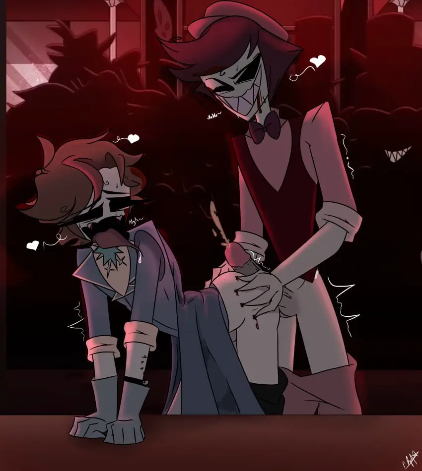 Image smile, cum, male, sweat, yaoi, original_character, pale_skin, gay, gay_sex, public, two_tone_body, no_mouth, cum_on_body, gay_domination, enjoying, cap, hazbin_hotel, table, no_eyes, public_sex, background_characters, background_character, teeth_pointy, cannibal, gerathian_