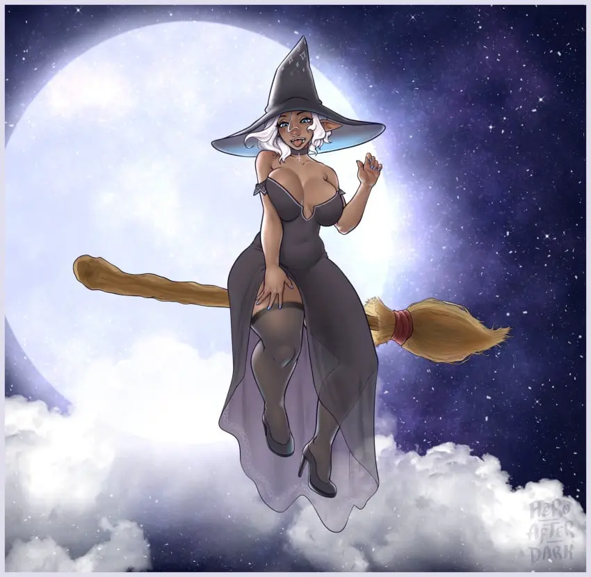 Image clothed,female,female_only,white_hair,short_hair,tongue_out,choker,tongue,thick_thighs,dark_skin,sky,elf,original_character,pointy_ears,stockings,curvy,moon,high_heels,see-through,oc,nipples_visible_through_clothing,halloween,witch_hat,see-through_clothing,painted_nails,clouds,flying,witch,lifting_skirt,broom,hero-after-dark