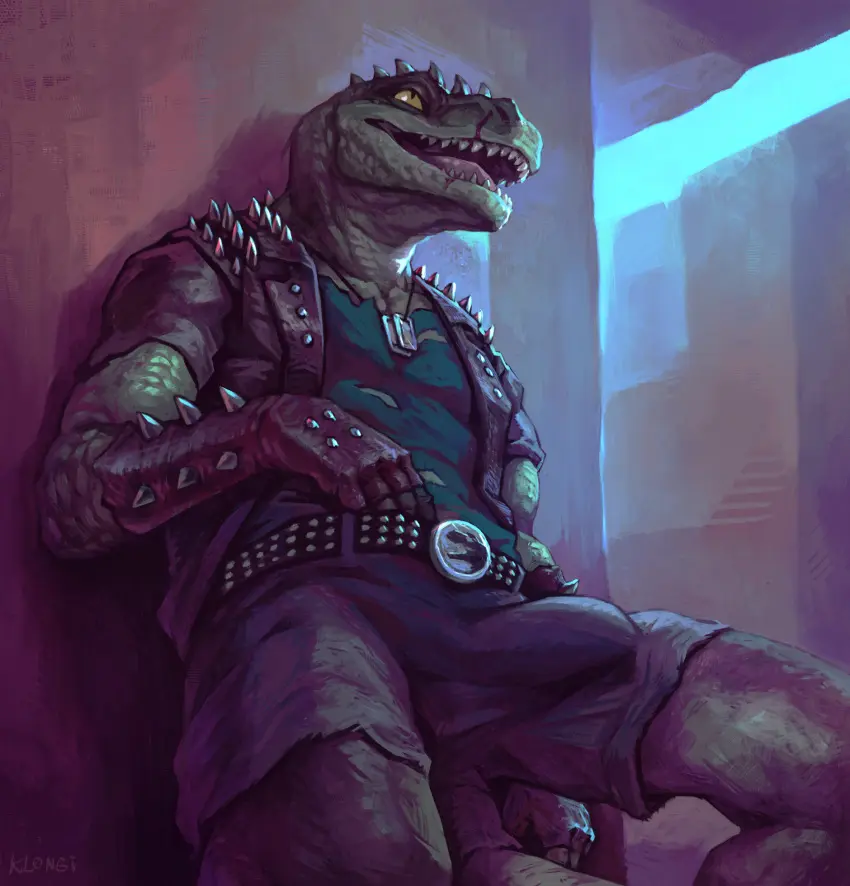 Image clothed,clothing,hi_res,open_mouth,solo,male,erection,anthro,biped,green_body,green_scales,scales,scalie,erection_under_clothing,leather,leather_clothing,klongi
