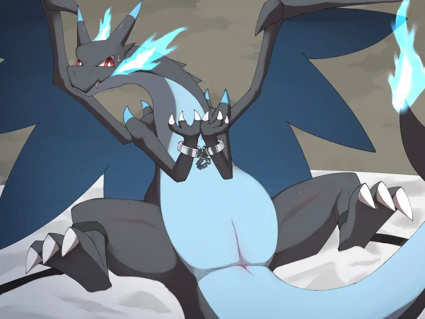 Image hi_res,red_eyes,solo,nude,pokemon,pokemon_(species),tail,wings,anus,spreading,mythology,nintendo,genitals,claws,scalie,generation_6_pokemon,animal_genitalia,mythological_creature,dragon,mythological_scalie,feral,fire,genital_slit,bound,restraints,cuff_(restraint),membrane_(anatomy),membranous_wings,handcuffed,handcuffs,metal_cuffs,mega_evolution,charizard,mega_charizard,mega_charizard_x,liend