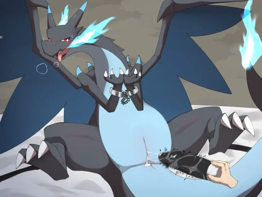 Image hi_res,red_eyes,solo,cum,nude,pokemon,pokemon_(species),tail,wings,anus,spreading,mythology,after_sex,nintendo,genital_fluids,bodily_fluids,genitals,sex_toy,claws,dildo,scalie,generation_6_pokemon,animal_genitalia,mythological_creature,dragon,mythological_scalie,feral,fire,genital_slit,bound,restraints,cuff_(restraint),membrane_(anatomy),membranous_wings,handcuffed,handcuffs,metal_cuffs,mega_evolution,charizard,mega_charizard,mega_charizard_x,liend