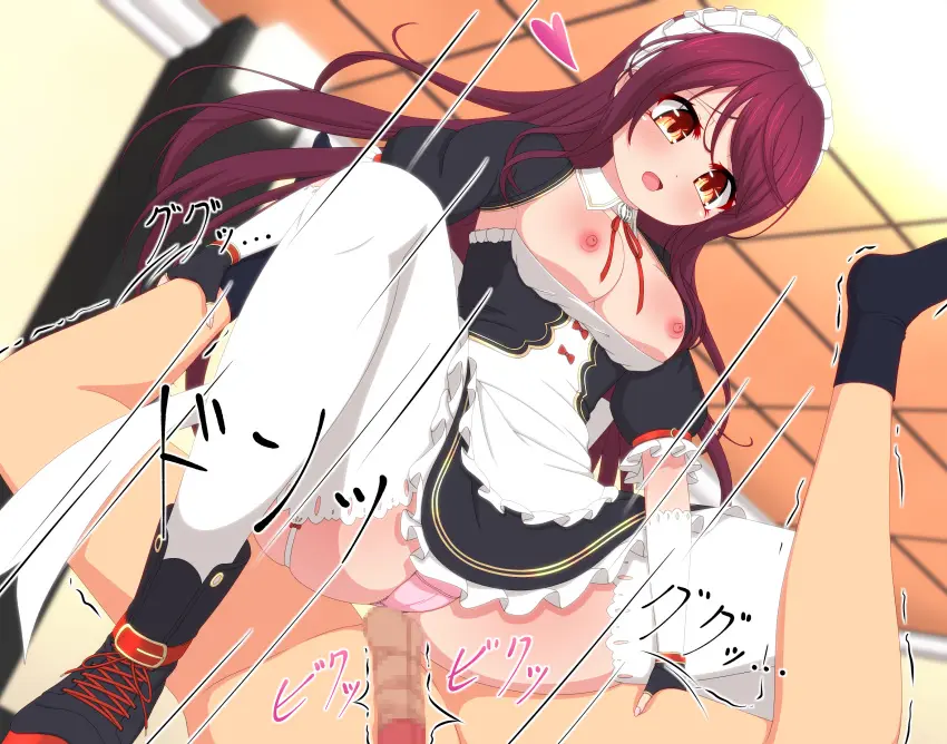 Image blush,breasts,breasts_out,female,highres,large_breasts,long_hair,nipples,open_mouth,1boy,black_gloves,gloves,male,nude,penis,straight,thighhighs,red_hair,panties,underwear,orange_eyes,cowgirl_position,solo_focus,dress,censored,detached_sleeves,mosaic_censoring,indoors,detached_collar,maid,looking_at_another,ribbon,black_dress,maid_headdress,heart,short_dress,fingerless_gloves,assertive_female,strapless,boots,femdom,amazon_position,clothed_sex,clothed_female_nude_male,black_footwear,pink_panties,garter_straps,neck_ribbon,red_ribbon,white_thighhighs,ceiling,variant_set,frills,foot_out_of_frame,lace-trimmed_thighhighs,black_sleeves,strapless_dress,mahjong_soul,medium_bangs,frilled_dress,fujigaya_arctia,kujou_riu