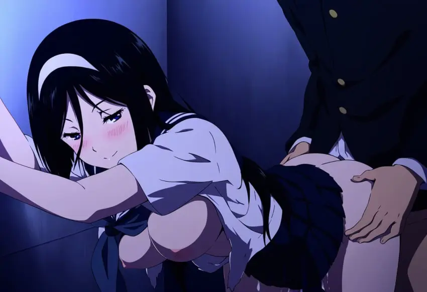 Image breasts,breasts_out,breasts_out_of_clothes,female,smile,black_hair,doggy_style,ai_generated,purple_eyes,school_uniform,ass_grab,hyouka,against_wall,white_headband,irisu_fuyumi