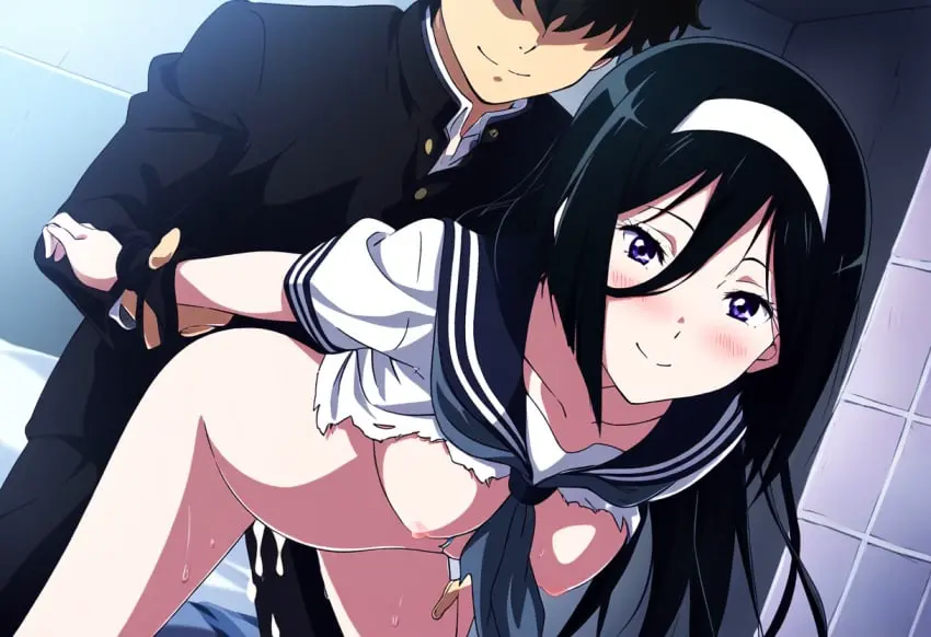 Image breasts,breasts_out,breasts_out_of_clothes,female,smile,doggy_style,ai_generated,school_uniform,hyouka,against_wall,white_headband,wrist_grab,irisu_fuyumi