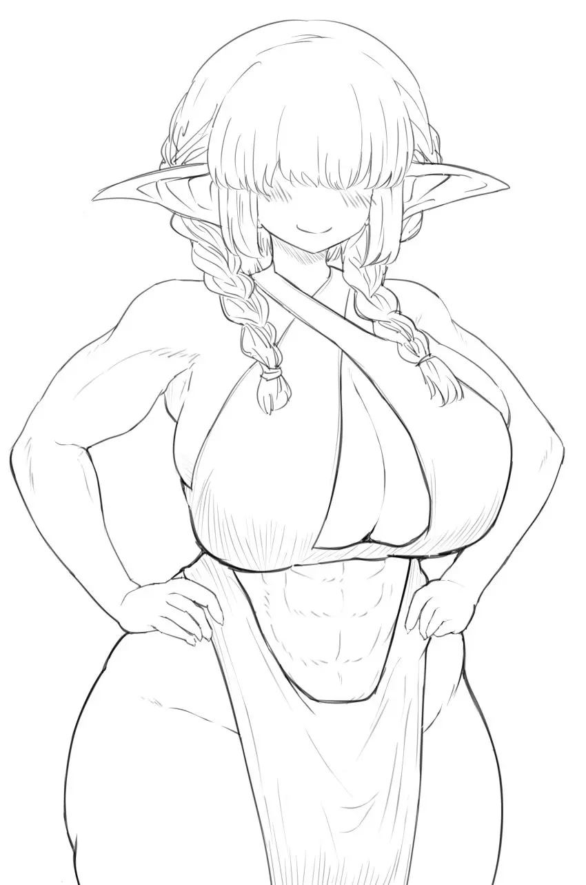 Image breasts,female,huge_breasts,black_and_white,abs,hair_over_eyes,goblin_female,braids,brie_oc