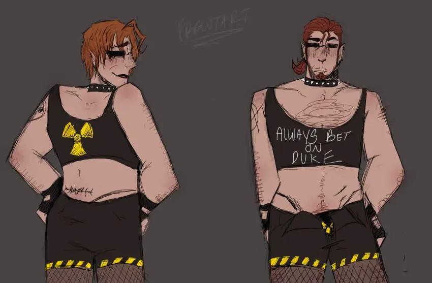 Image male,choker,femboy,ginger,fishnets,thong,male_focus,ginger_hair,sunglasses,piercings,body_hair,pubic_hair_peek,fishnet_stockings,mullet,duke_nukem,duke_nukem_(series),tramp_stamp,postal_(series),postal_dude,ginger_pubic_hair,postal_doe,sunglasses_on_face