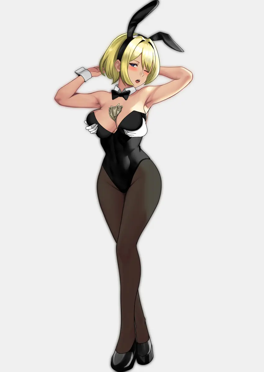 Image blue_eyes,blonde_hair,one_eye_closed,pale_skin,bunnysuit,moaning,groping_breasts,neo:_the_world_ends_with_you,the_world_ends_with_you,money_in_cleavage,bito_raimu