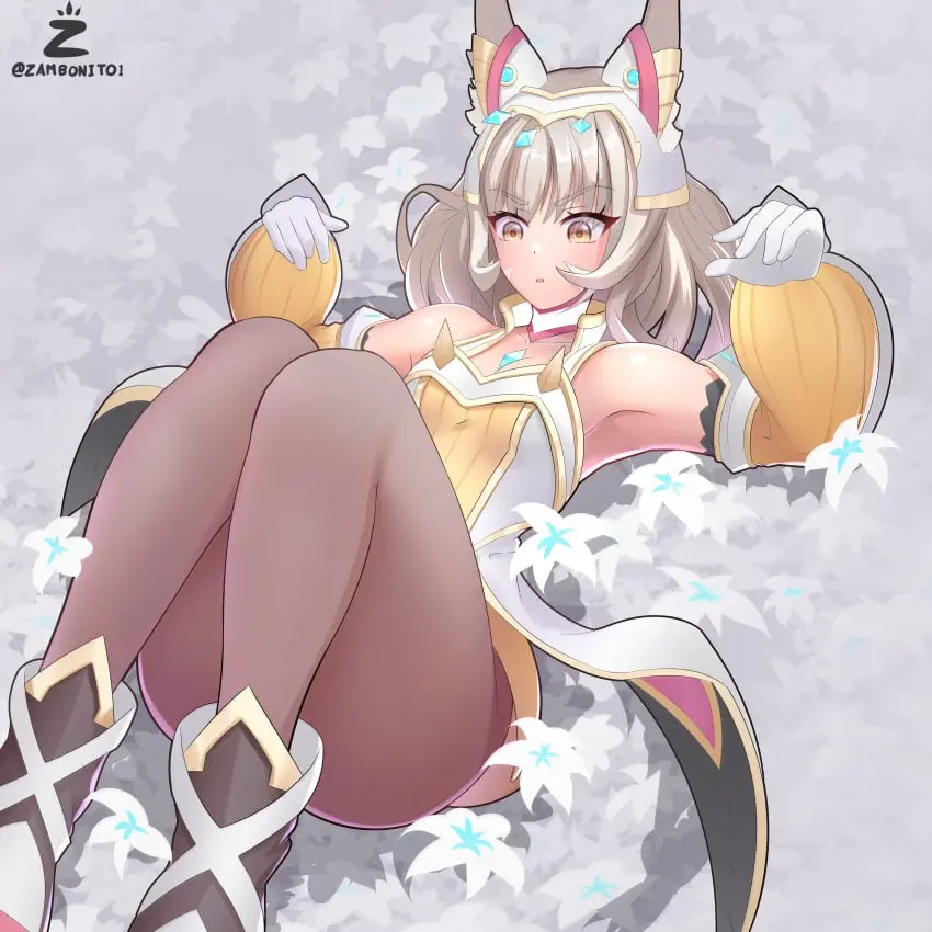 Image female, open_mouth, solo, black_legwear, yellow_eyes, lying, thick_thighs, wide_hips, cat_ears, thick_ass, nintendo, flower, core_crystal, xenoblade_(series), fully_clothed, leggings, xenoblade_chronicles_3, lying_on_back, yellow_clothing, flowers, black_leggings, nia, blade_(xenoblade), queen_nia, zambonito