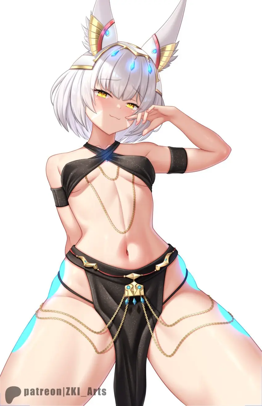 Image blush, breasts, female, simple_background, solo, navel, yellow_eyes, small_breasts, thick_thighs, wide_hips, cat_ears, nintendo, smug, black_dress, core_crystal, xenoblade_(series), skimpy, skimpy_clothes, silver_hair, yomorio_lingerie, black_clothing, smug_face, xenoblade_chronicles_3, skimpy_dress, nia, queen_nia, nia_(blade), z-ki