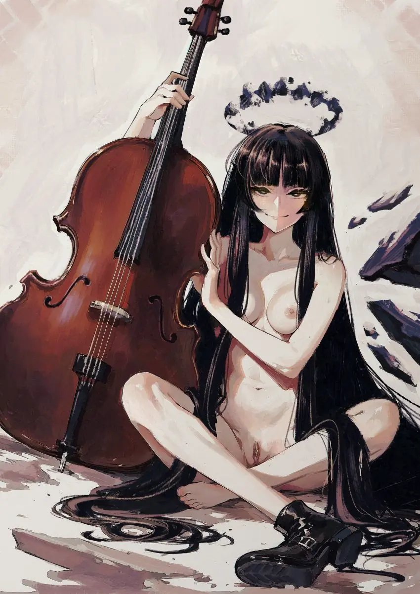 Image breasts,female,highres,long_hair,looking_at_viewer,nipples,smile,solo,very_long_hair,absurdres,black_hair,blunt_bangs,navel,nude,pussy,sidelocks,thighs,uncensored,barefoot,arknights,dutch_angle,collarbone,wings,legs,medium_breasts,sitting,halo,half-closed_eyes,mole,black_wings,mole_under_eye,black_eyes,closed_mouth,straight_hair,stomach,holding,breasts_apart,full_body,toes,boots,arm_up,knees_up,hime_cut,black_footwear,commentary,english_commentary,hand_up,hair_over_breasts,hair_spread_out,knees,hair_censor,black_halo,virtuosa_(arknights),yellow_pupils,shade,detached_wings,instrument,broken_halo,dark_halo,energy_wings,hair_flowing_over,atris2nd,cello,hair_over_one_breast,holding_instrument,single_boot
