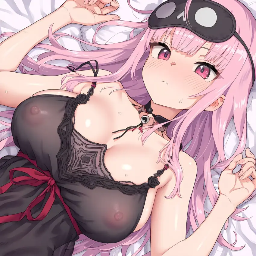 Image blush,breasts,female,highres,large_breasts,looking_at_viewer,nipples,red_eyes,solo,lying,on_back,virtual_youtuber,ai_generated,collarbone,pink_hair,dress,hololive,sweatdrop,ribbon,mommy,hololive_english,hololive_myth,mori_calliope,eye_mask,evening_gown,mori_calliope_(6th_costume),mori_calliope_(sleepwear)