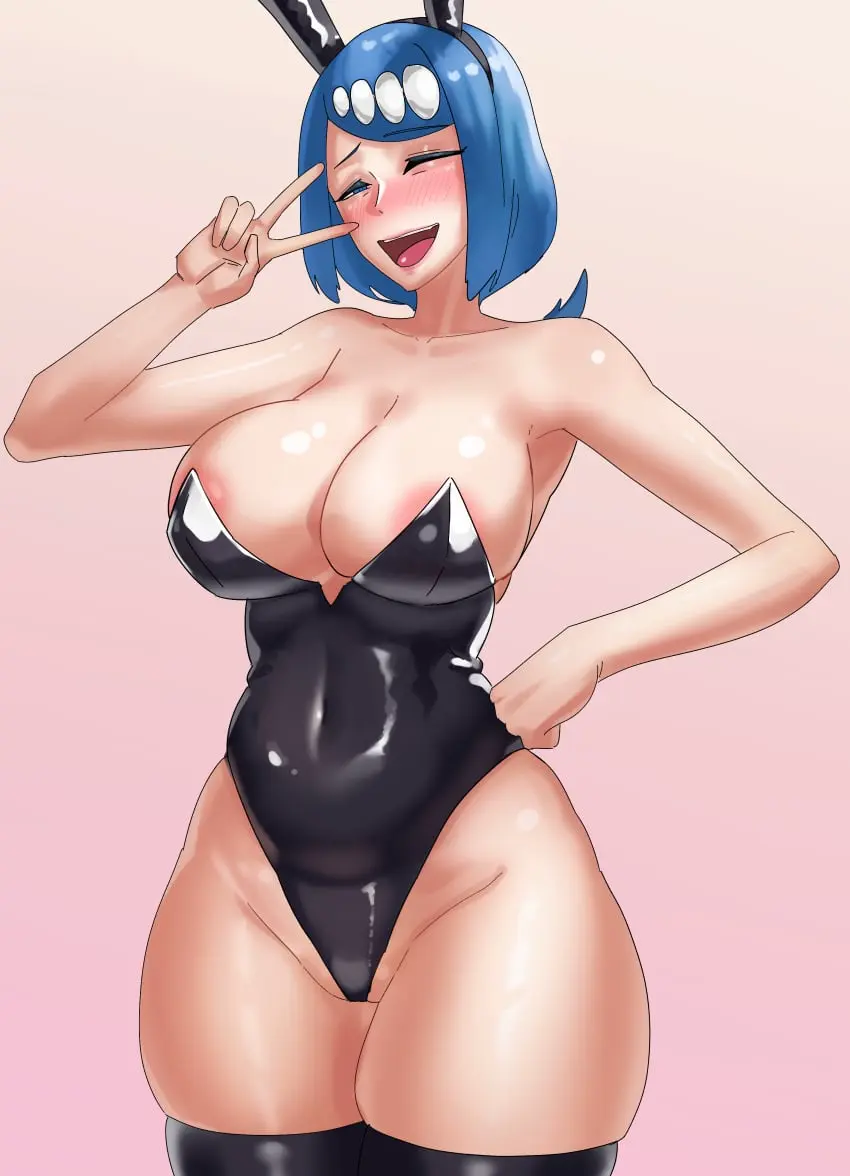 Image 1girls,big_breasts,blush,breasts,female,female_only,light-skinned_female,light_skin,smile,solo,blue_hair,pokemon,short_hair,thighhighs,thick_thighs,thighs,milf,wide_hips,areolae,cleavage,hair,huge_breasts,one_eye_closed,wink,lips,bunny_ears,mature_female,hand_on_hip,mother,bunnysuit,mature,legwear,fake_animal_ears,areola_slip,black_thighhighs,pokemon_sm,game_freak,peace_sign,lana's_mother_(pokemon),winking,black_bunnysuit,rominas