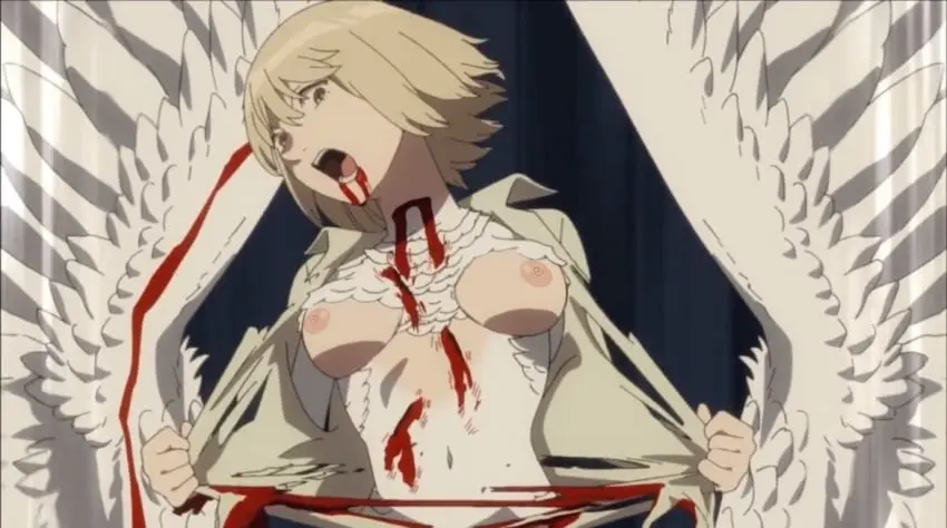 Image breasts,female,nipples,short_hair,wings,blonde_hair,medium_breasts,monster_girl,blood,blood_in_mouth,torn_clothes,dungeon_meshi,screencap,falin_touden,nude_filter,nekom14
