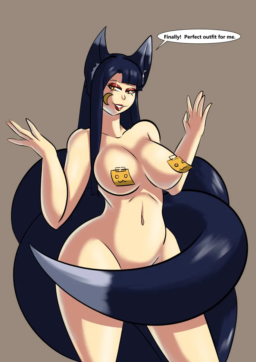 Image breasts,female,standing,tail,yellow_eyes,thick_thighs,hips,artist_name,bare_shoulders,belly_button,covered_nipples,eyelashes,round_ass,sideboob,nine_tailed_fox,censored,red_lipstick,hourglass_figure,fox_ears,fox_girl,english_text,edited,speech_bubble,covering,fox,mostly_nude,fox_humanoid,dark_blue_hair,kitsune,tape,hands,red_eyeshadow,crescent_moon,sticky_note,fox_tails,kitsune_girl,fox_eyes,antischwert,cat_face,miku_(antischwert),moon_tattoo,sticky_note_clothes