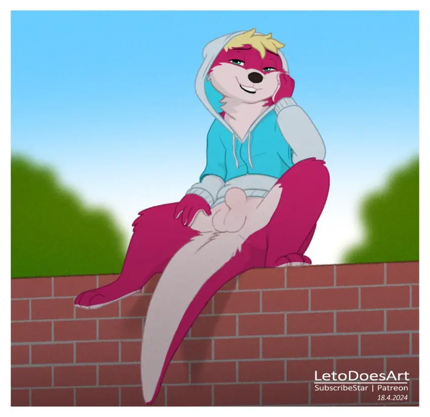 Image clothed,clothing,looking_at_viewer,solo,male,tail,balls,hair,anthro,blonde_hair,green_eyes,fur,genitals,mammal,multicolored_body,two_tone_body,bottomless,black_nose,outside,hoodie,mustelid,otter,animal_genitalia,sheath,topwear,pink_body,pink_fur,white_tail,pink_tail,topwear_only,hoodie_only,two_tone_tail,letodoesart,river_otter,ottah