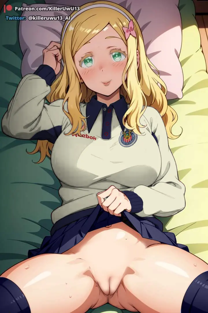 Image female,long_hair,looking_at_viewer,pussy,thighhighs,uncensored,ai_generated,blonde_hair,green_eyes,no_panties,bottomless,sweater,skirt_lift,soccer_jersey,tomo-chan_wa_onna_no_ko,nekom14,carol_olston,chivas,club_deportivo_guadalajara,reebok