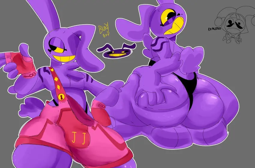 Image 1girls, female, 1boy, male, panties, thick_thighs, femboy, overalls, purple_fur, bunny_ears, hand_on_hip, fingerless_gloves, rabbit, androgynous, smug_face, chest_tuft, plump_ass, tattoos, jax_(the_amazing_digital_circus), pomni_(the_amazing_digital_circus), the_amazing_digital_circus, starstar000, starverstar000, chest_fluff, permanent_smile, ear_over_eye