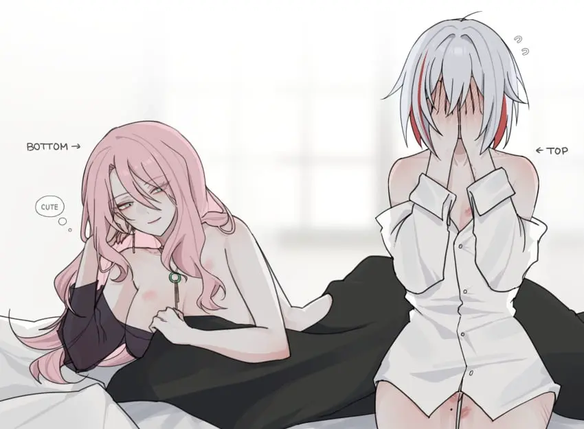 Image blush,breasts,female,female_only,large_breasts,light-skinned_female,light_skin,long_hair,smile,white_hair,2girls,multiple_girls,short_hair,smiling,shy,pink_hair,lipstick_mark,covering_face,looking_at_partner,after_sex,bite_mark,romantic,romantic_couple,yuri,lipstick,blush_lines,covering,honkai:_star_rail,smiling_at_partner,honkai_(series),silver_eyes,shirt_only,topaz_(honkai:_star_rail),playful,jade_(honkai:_star_rail),seol_(baconontheclock),playful_smile