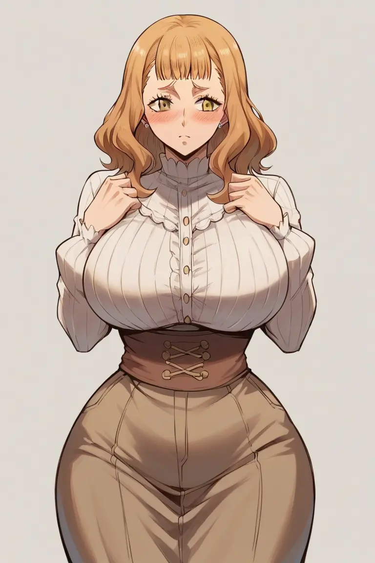 Image big_breasts,breasts,female,orange_eyes,wide_hips,ai_generated,orange_hair,huge_breasts,ginger,pale-skinned_female,curvy,curvy_body,curvy_female,curvy_hips,pale_skin,small_waist,ginger_hair,corset,black_clover,blouse,submissive_pose,mimosa_vermillion