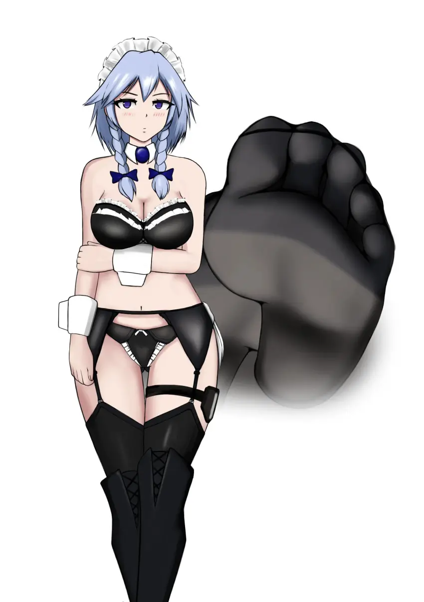 Image female, grey_hair, touhou, underwear, feet, tagme, foot_fetish, stockings, maid, foot_focus, garter_straps, sakuya_izayoi, originxyz