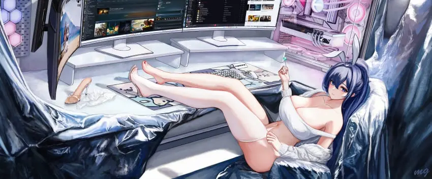 Image female,blue_eyes,blue_hair,feet_up,nail_polish,bunny_ears,bunny_girl,no_panties,azur_lane,lollipop,new_jersey_(azur_lane),one_stocking,gaming_pc,wjy1347193