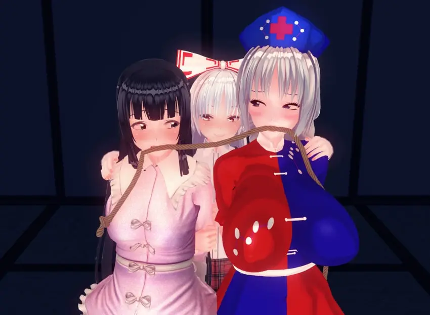 Image breasts,female,fujiwara_no_mokou,touhou,indoors,3d,3girls,rope,eirin_yagokoro,captive,kaguya_houraisan,chinkaigyogyo