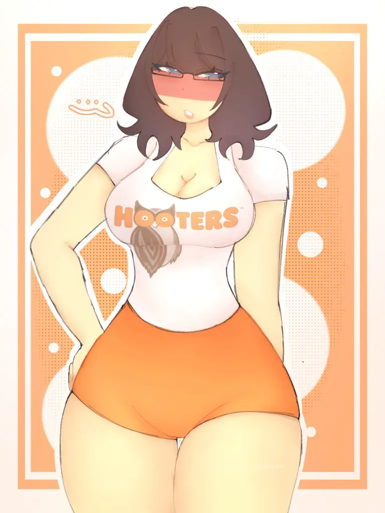 Image female,thick_thighs,glasses,brown_hair,countryhumans,countryhumans_girl,hooters,germany_(countryhumans),hooters_uniform,vivcxvx