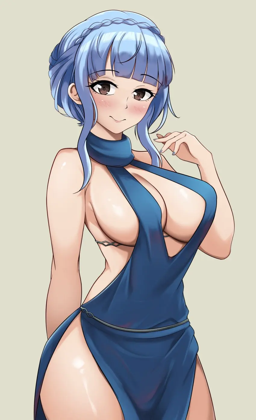 Image 1girls,blush,breasts,brown_eyes,female,female_only,light-skinned_female,light_skin,solo,blue_hair,thighs,wide_hips,cleavage,sideboob,cleavage_cutout,dress,nintendo,hourglass_figure,revealing_clothes,fire_emblem,fire_emblem:_three_houses,blue_nails,commission,blue_dress,marianne_von_edmund,scrapy