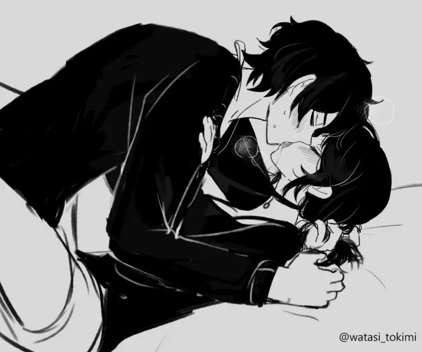 Image 1girls,blush,female,1boy,black_hair,male,choker,closed_eyes,saliva,incest,hair_pull,kissing,french_kiss,brother_and_sister,black_clothing,andrew_graves,ashley_graves,the_coffin_of_andy_and_leyley,watasi_tokimi
