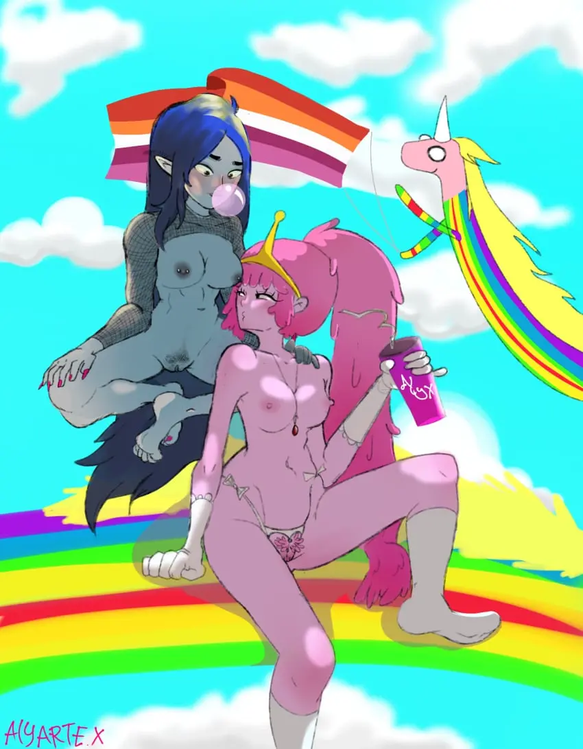 Image female,digital_media_(artwork),pink_hair,canon_couple,vampire,yuri,nipple_piercing,lesbian,pink_body,pink_skin,wholesome,adventure_time,lesbian_couple,not_ai_generated,princess_bubblegum,lesbians,marceline,marceline_the_vampire_queen,lesbian_pride_colors,lady_rainicorn