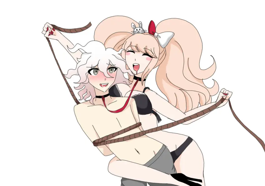 Image 1girls,female,hair_ornament,white_background,white_hair,1boy,male,straight,bra,panties,underwear,drool,drooling,blonde_hair,couple,closed_eyes,restrained,collar,heels,high_heels,bondage,tied,tied_up,danganronpa,bound,restraints,rope,rope_bondage,half_naked,danganronpa_2:_goodbye_despair,danganronpa:_trigger_happy_havoc,junko_enoshima,nagito_komaeda,connected_collars