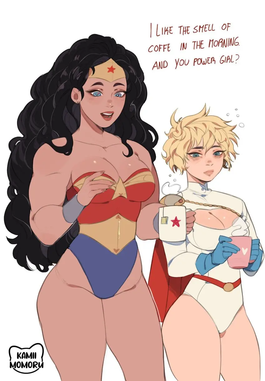 Image female, female_only, light-skinned_female, light_skin, 2girls, black_hair, blue_eyes, thighs, muscular, artist_name, cleavage, text, blonde_hair, tight_clothing, bracelet, dc, dc_comics, english_text, fully_clothed, muscular_female, tiara, superheroine, boob_window, muscular_arms, wonder_woman, diana_prince, coffee, karen_starr, power_girl, waking_up, kamii_momoru, bedhead