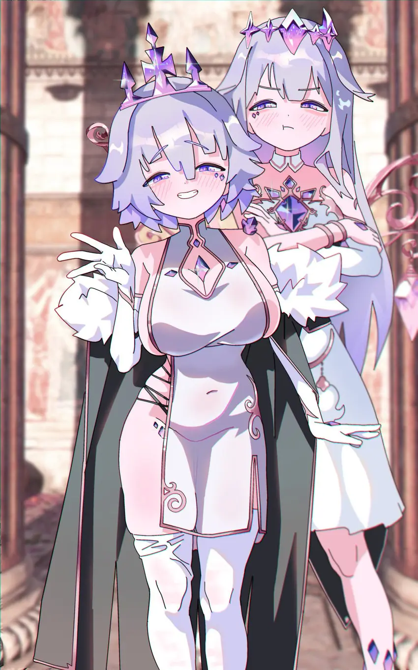 Image blush,breasts,female,large_breasts,light-skinned_female,light_skin,looking_at_viewer,2girls,gloves,thighhighs,thick_thighs,milf,virtual_youtuber,cleavage,hololive,holomilfs,revealing_clothes,white_gloves,shortstack,fully_clothed,mother_and_daughter,pout,waving_hand,fur_coat,hololive_english,hololive_english_-advent-,thigh_squish,koseki_bijou,momseki,gurumie
