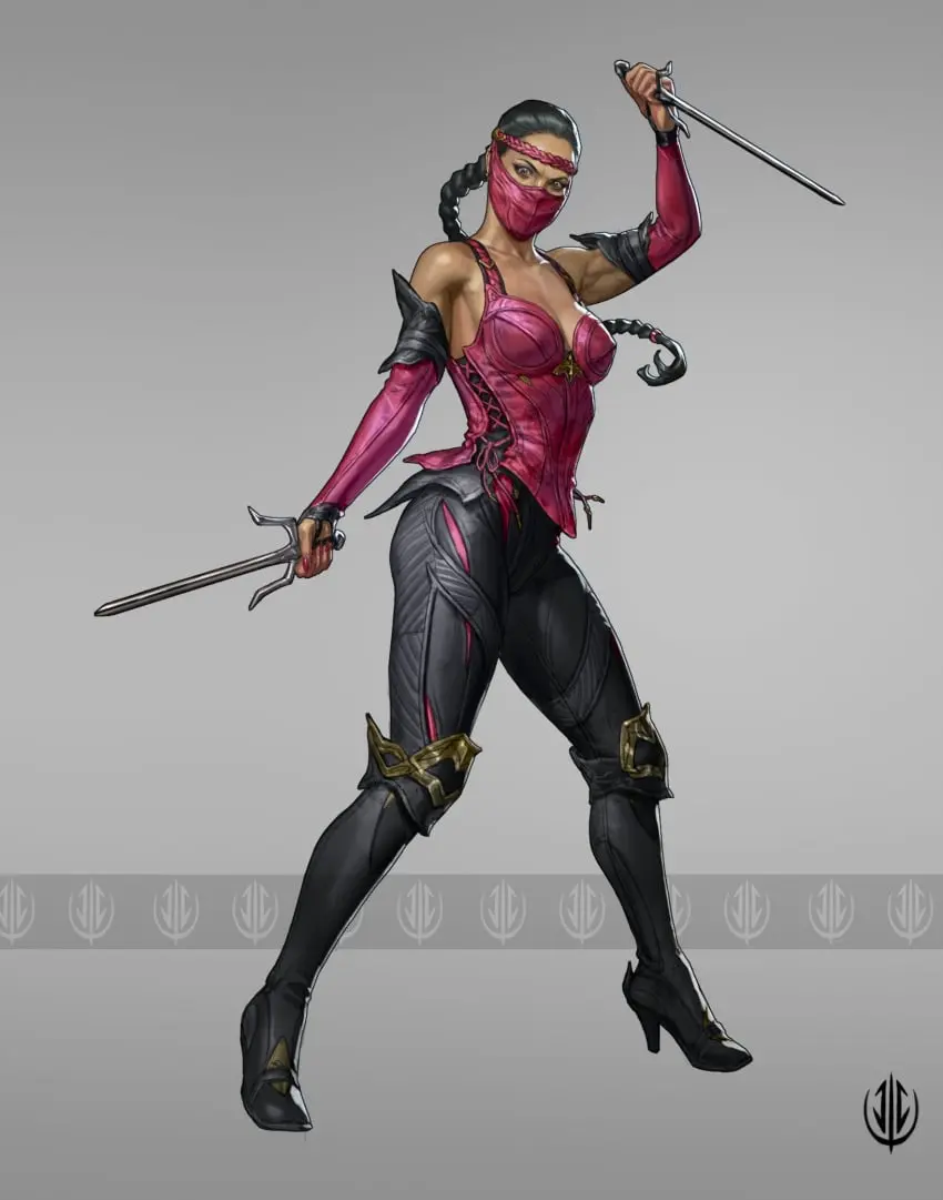 Image 1girls,female,black_hair,ponytail,tan_skin,cleavage,headband,busty,high_heels,tight_clothing,artist_logo,braided_ponytail,fighting_stance,mortal_kombat,mileena,face_mask,john_dimayuga,sais