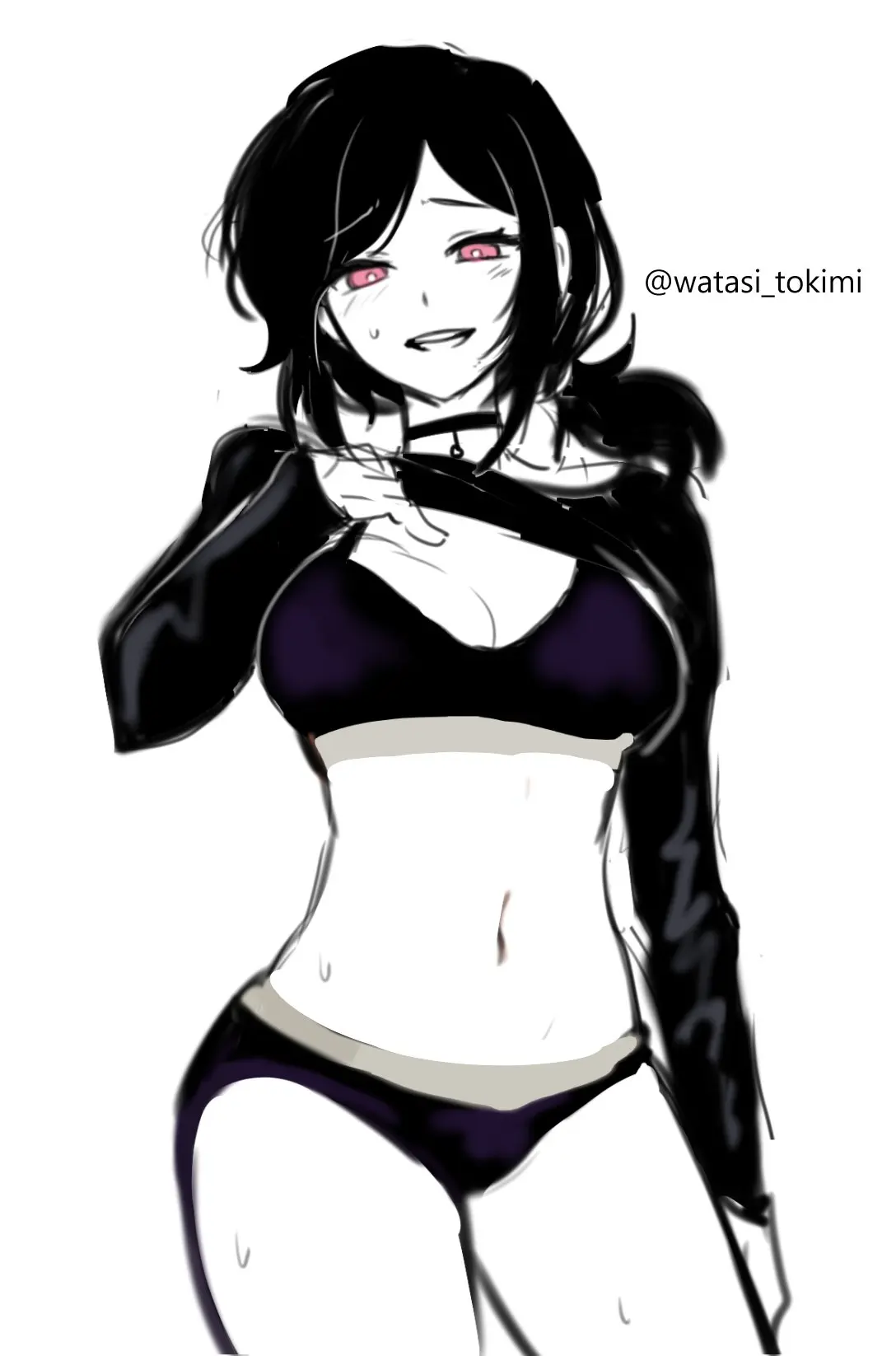 Image 1girls,blush,female,looking_at_viewer,smile,solo,black_hair,sweat,choker,bra,panties,ponytail,wide_hips,shirt_lift,partially_clothed,front_view,black_clothing,ashley_graves,the_coffin_of_andy_and_leyley,watasi_tokimi