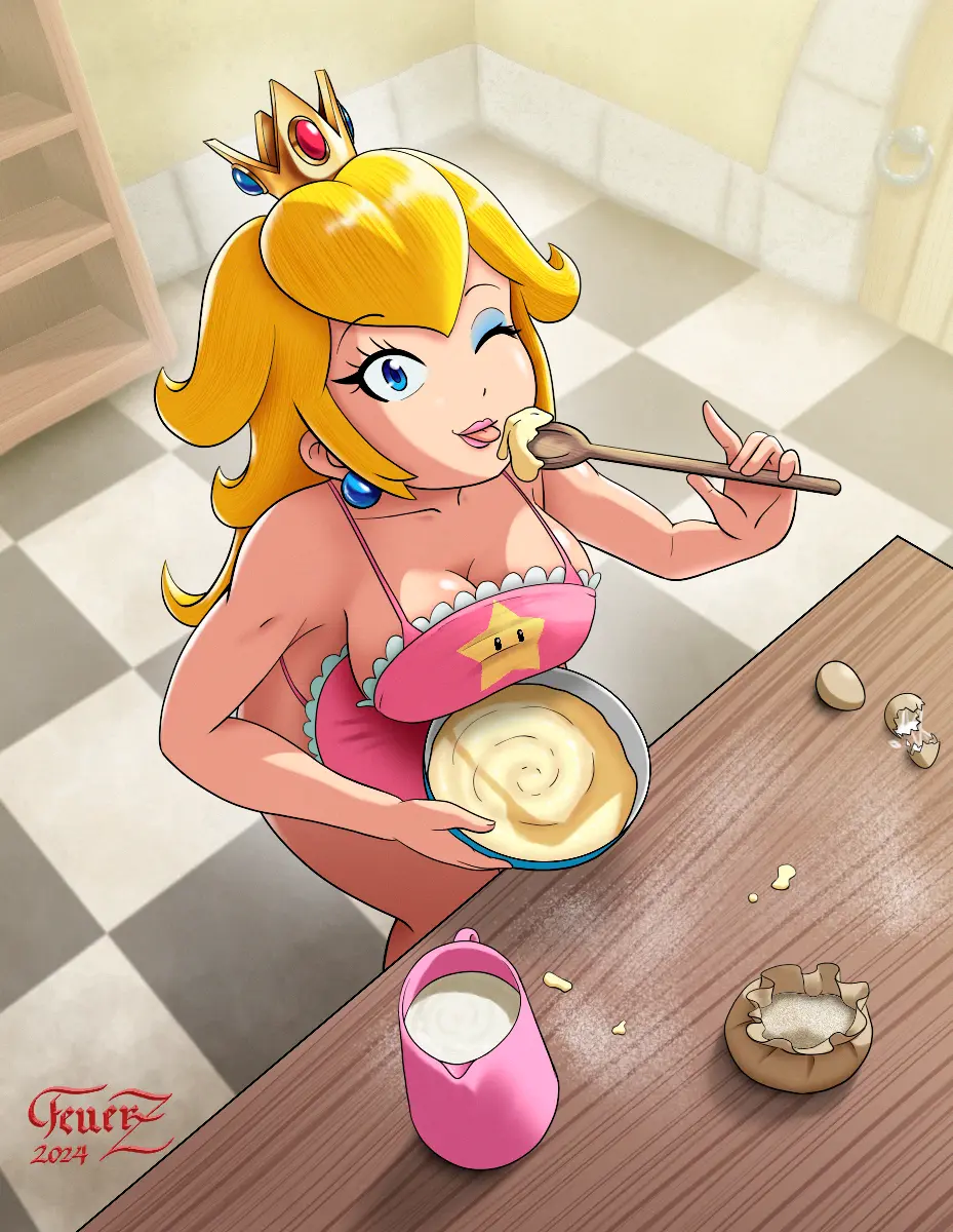 Image 1girls,breasts,female,light-skinned_female,light_skin,looking_at_viewer,blue_eyes,tongue_out,background,boobs,earrings,eyelashes,blonde_hair,wink,mario_(series),nintendo,self_upload,makeup,apron,princess_peach,kitchen,crown,sticking_out_tongue,apron_only,naked_apron,feuerz,cooking,spoon,kitchen_utensils,pink_apron