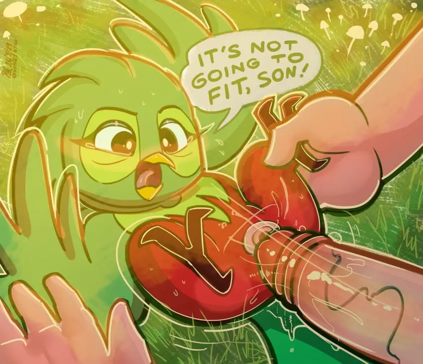 Image blush,female,hi_res,human,male,penis,feet,digital_media_(artwork),male/female,size_difference,feathered_wings,feathers,wings,veiny_penis,text,bodily_fluids,genitals,mammal,english_text,interspecies,2024,avian,beak,bird,signature,vein,animal_genitalia,feral,male_on_feral,human_on_feral,zoophilia,cloaca,foot_grab,trogonid,amaya_(koati),koati_(film),ovinesatan,quetzal