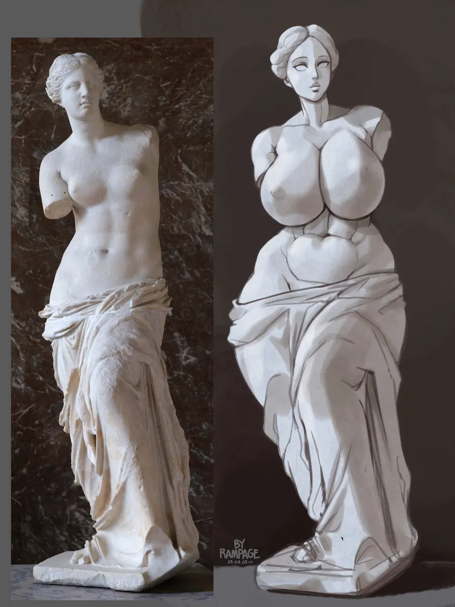 Image 1girls, breasts, female, short_hair, wide_hips, huge_breasts, deity, goddess, mythology, public_domain, european_mythology, greek_mythology, topless, alternate_breast_size, abs, alternate_muscle_size, clavicle, no_arms, sculpture, statue, fine_art, fine_art_parody, rampage0118, venus_de_milo, venus_de_milo_(alexandros_of_antioch)