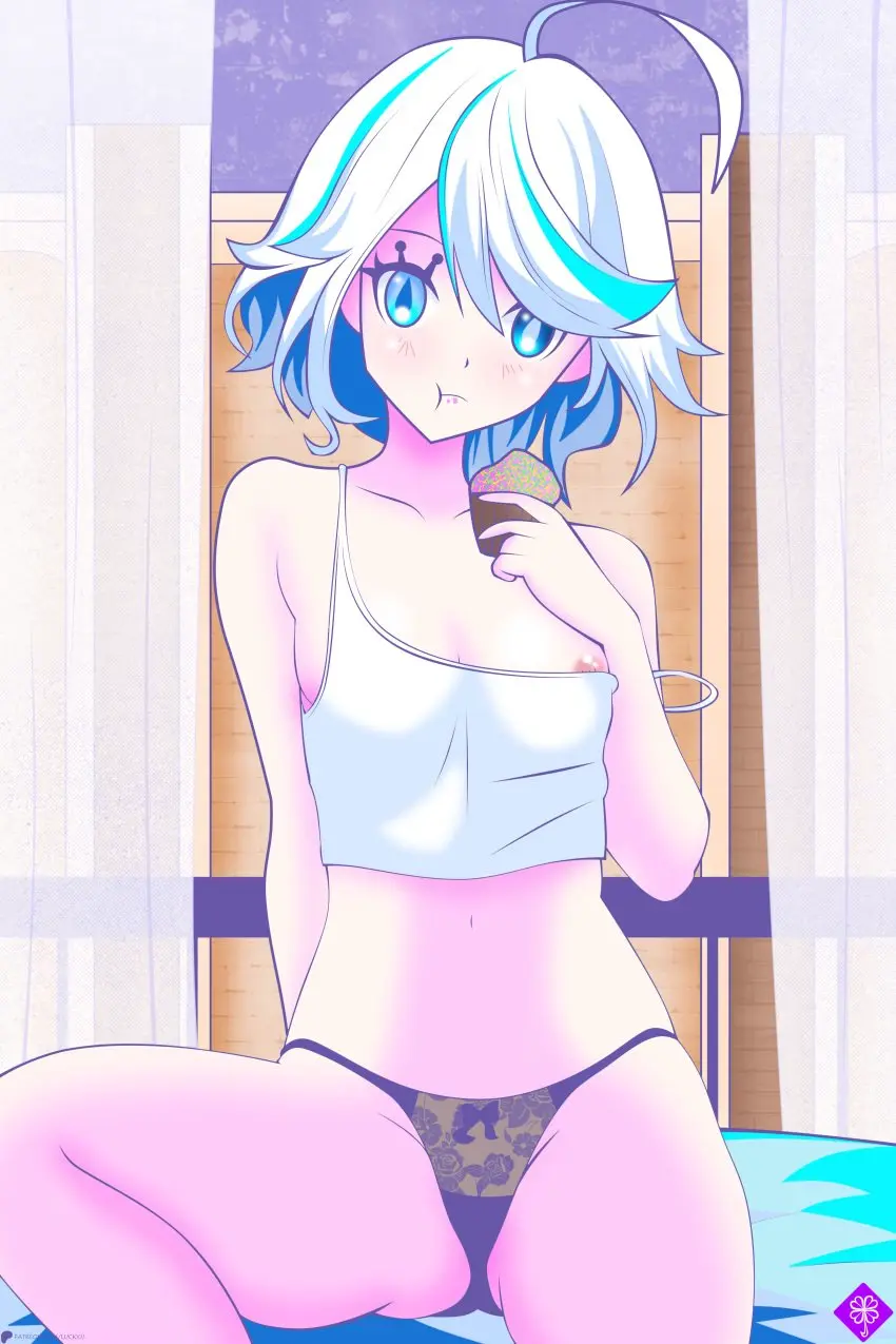 Image breasts,female,female_only,short_hair,panties,small_breasts,genshin_impact,ahoge,heterochromia,furina_(genshin_impact),tank_top,cupcake,lucky-jj