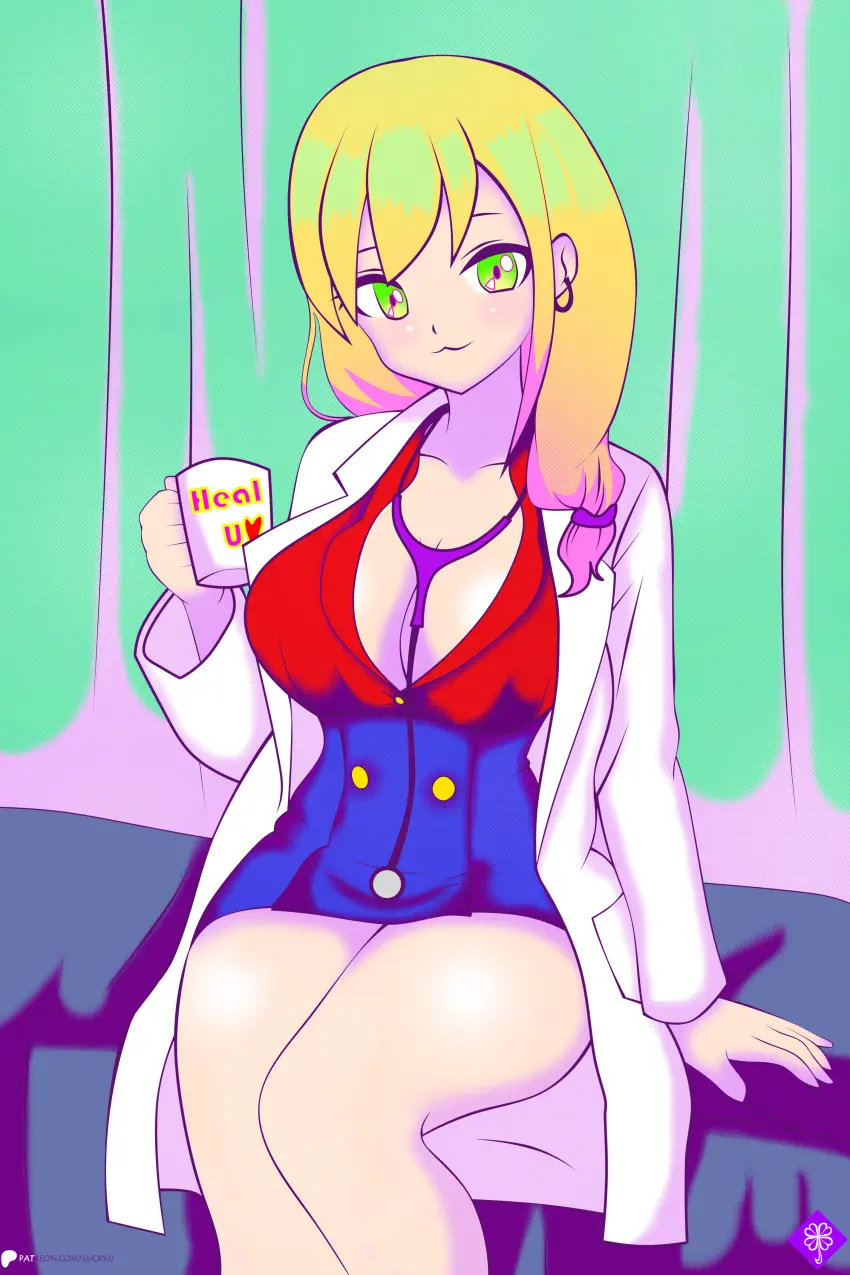 Image cleavage,blonde_hair,green_eyes,original,original_character,labcoat,doctor,lucky-jj