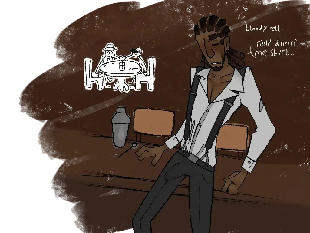 Image blush,suspenders,male,dark-skinned_male,male_only,original_character,sitting_on_table,gay,thick_eyebrows,skinny,oc,precum_through_clothing,male_focus,solo_male,toony,bulge_through_clothing,brown_skin,very_dark_skin,braids,that's_not_my_neighbor,ballzz,leaning_on_table,bartender,i_was_lazy_with_the_background_lolzers