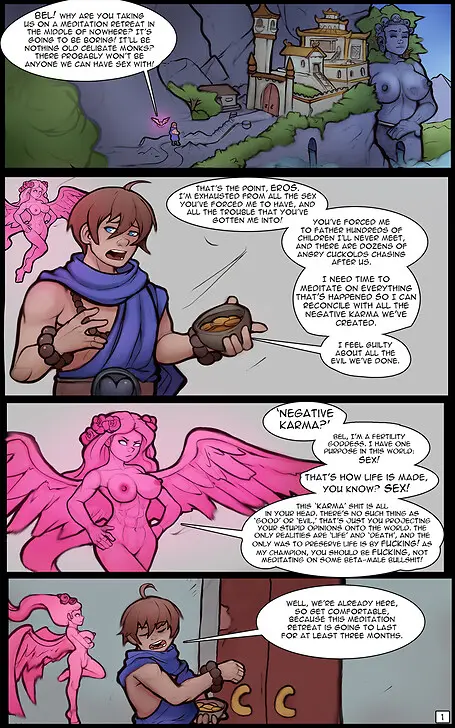 Image 1girls,female,1boy,male,female_focus,flower_in_hair,gold_(metal),angel_wings,pink_hair,nude_female,pink_eyes,goddess,comic,dialogue,english_text,annoyed,gold_coin,pink_skin,annoyed_expression,page_number,markydaysaid,page_1,statue,bel_(markydaysaid),belvurius_asvel_marquis_(markydaysaid),eros_(markydaysaid)