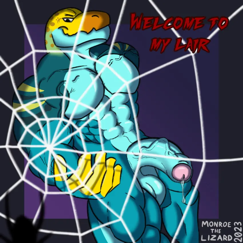 Image 2023,hi_res,looking_at_viewer,simple_background,smile,solo,standing,male,nude,penis,tail,big_penis,muscular,muscular_male,digital_drawing_(artwork),digital_media_(artwork),grin,shaded,balls,anthro,veiny_penis,text,big_balls,genital_fluids,bodily_fluids,genitals,precum,biceps,muscular_anthro,pecs,yellow_body,arthropod,foreskin,uncircumcised,english_text,thick_penis,orange_body,5_fingers,precum_drip,half-erect,partially_retracted_foreskin,retracted_foreskin,blue_body,reptile,scales,scalie,abs,dripping,fingers,front_view,signature,big_muscles,vein,glans,markings,purple_background,yellow_scales,stripes,reaching_towards_viewer,pink_glans,portrait,leaking_precum,spots,striped_markings,spotted_markings,lizard,blue_scales,arachnid,spider,three-quarter_portrait,non-mammal_balls,soft_shading,veiny_muscles,veiny_arms,orange_scales,spider_web,collared_lizard,common_collared_lizard,monroe_lehner,monroethelizard