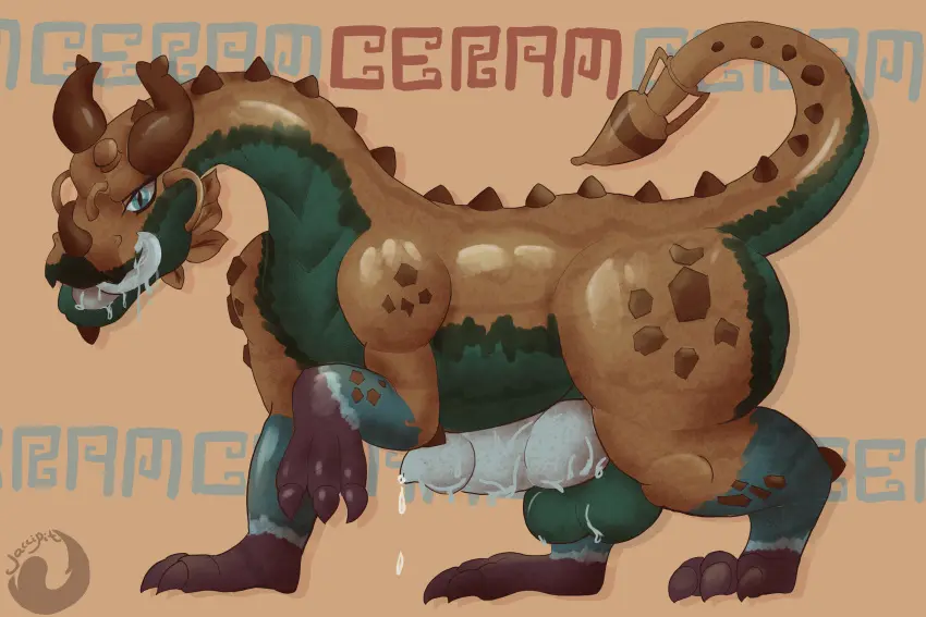 Image hi_res,solo,blue_eyes,male,penis,tongue,erection,belly,solo_focus,mythology,absurd_res,genital_fluids,bodily_fluids,genitals,precum,claws,precum_drip,scales,scalie,dripping,knot,hybrid,mythological_creature,dragon,mythological_scalie,brown_body,feral,spikes,digitigrade,brown_scales,grey_penis,grey_tongue,mythological_golem,green_belly,amphora,brown_spikes,clay,jaccipit,purple_feet