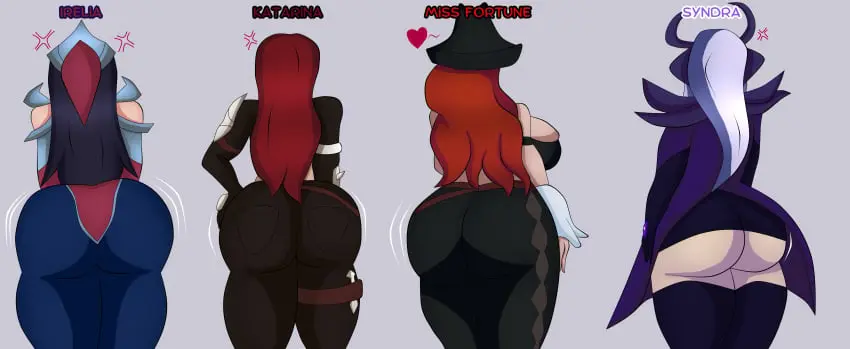 Image female,white_hair,multiple_girls,thighhighs,red_hair,ass,big_ass,big_butt,bottom_heavy,bubble_butt,huge_ass,text,ass_focus,large_ass,large_butt,league_of_legends,miss_fortune,4girls,lineup,irelia_xan,katarina_du_couteau,ass_comparison,ass_size_difference,syndra,ass_chart,blueartfiend
